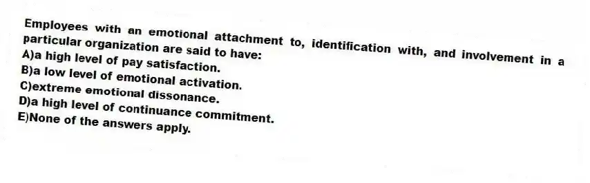 Employees with an emotional attachment to, identification with, and involvement in a particular organization are said to have:
A)a high level of pay satisfaction.
B)a low level of emotional activation.
C)extreme emotional dissonance.
D)a high level of continuance commitment.
E)None of the answers apply.