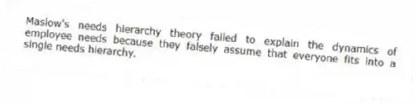 Maslow's needs hierarchy theory failed to explain the dynamics of employee needs because they falsely assume that everyone fits into a single needs hierarchy.