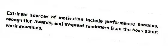 Extrinsic sources of motivation include performance bonuses, recognition awards, and frequent reminders from the boss about work deadlines.