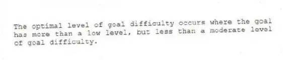 The optimal level of goal difficulty occurs where the goal has more than a low level, but less than a moderate level of goal difficulty.