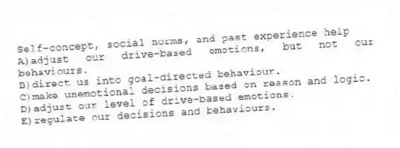 Self-concept, social norms, and past experience help
A)adjust our drive-based emotions, but not our behaviours.
B)direct us into goal-directed behaviour.
C)make unemotional decisions based on reason and logic.
D)adjust our level of drive-based emotions.
E)regulate our decisions and behaviours.