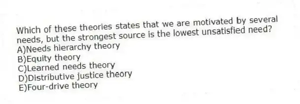 Which of these theories states that we are motivated by several needs, but the strongest source is the lowest unsatisfied need?
A)Needs hierarchy theory
B)Equity theory
C)Learned needs theory
D)Distributive justice theory
E)Four-drive theory