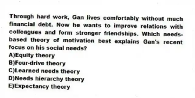 Through hard work, Gan lives comfortably without much financial debt. Now he wants to improve relations with colleagues and form stronger friendships. Which needs-based theory of motivation best explains Gan's recent focus on his social needs?
A)Equity theory
B)Four-drive theory
C)Learned needs theory
D)Needs hierarchy theory
E)Expectancy theory
