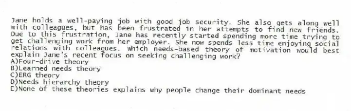 Jane holds a well-paying job with good job security. She also gets along well with colleagues, but has been frustrated in her attempts to find new friends. Due to this frustration, Jane has recently started spending more time trying to get challenging work from her employer. She now spends less time enjoying social relations with colleagues. Which needs-based theory of motivation would best explain Jane's recent focus on seeking challenging work?
A)Four-drive theory
B)Learned needs theory
C)ERG theory
D)Needs hierarchy theory
E)None of these theories explains why people change their dominant needs