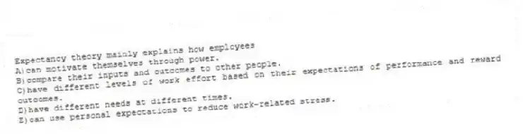 Expectancy theory mainly explains how employees
A)can motivate themselves through power.
B)compare their inputs and outcomes to other people.
C)have different levels of work effort based on their expectations of performance and reward outcomes.
D)have different needs at different times.
E)can use personal expectations to reduce work-related stress.