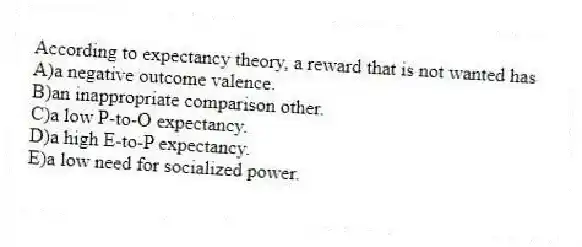 According to expectancy theory, a reward that is not wanted has
A)a negative outcome valence.
B)an inappropriate comparison other.
C)a low P-to-O expectancy.
D)a high E-to-P expectancy.
E)a low need for socialized power.