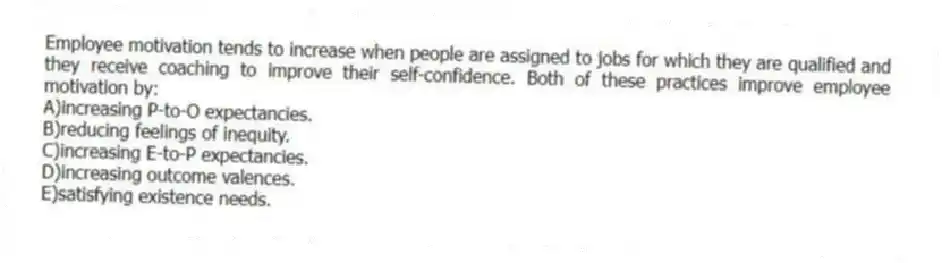 Employee motivation tends to increase when people are assigned to jobs for which they are qualified and they receive coaching to improve their self-confidence. Both of these practices improve employee motivation by:
A)increasing P-to-O expectancies.
B)reducing feelings of inequity.
C)increasing E-to-P expectancies.
D)increasing outcome valences.
E)satisfying existence needs.