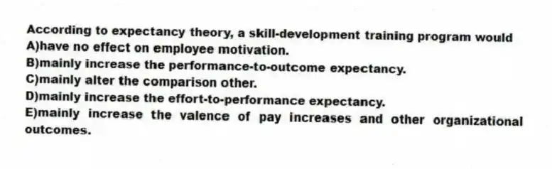According to expectancy theory, a skill-development training program would
A)have no effect on employee motivation.
B)mainly increase the performance-to-outcome expectancy.
C)mainly alter the comparison other.
D)mainly increase the effort-to-performance expectancy.
E)mainly increase the valence of pay increases and other organizational outcomes.