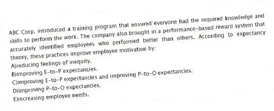ABC Corp. introduced a training program that ensured everyone had the required knowledge and skills to perform the work. The company also brought in a performance-based reward system that accurately identified employees who performed better than others. According to expectancy theory, these practices improve employee motivation by:
A)reducing feelings of inequity.
B)improving E-to-P expectancies.
C)improving E-to-P expectancies and improving P-to-O expectancies.
D)improving P-to-O expectancies.
E)increasing employee needs.