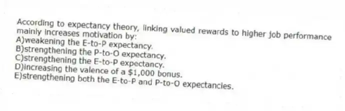 According to expectancy theory, linking valued rewards to higher job performance mainly increases motivation by:
A)weakening the E-to-P expectancy.
B)strengthening the P-to-O expectancy.
C)strengthening the E-to-P expectancy.
D)increasing the valence of a $1,000 bonus.
E)strengthening both the E-to-P and P-to-O expectancies.