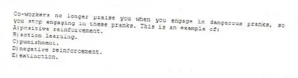 Co-workers no longer praise you when you engage in dangerous pranks, so you stop engaging in these pranks. This is an example of:
A)positive reinforcement.
B)action learning.
C)punishment.
D)negative reinforcement.
E)extinction.