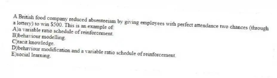A British food company reduced absenteeism by giving employees with perfect attendance two chances (through a lottery) to win $500. This is an example of:
A)a variable ratio schedule of reinforcement.
B)behaviour modelling.
C)tacit knowledge.
D)behaviour modification and a variable ratio schedule of reinforcement.
E)social learning.
