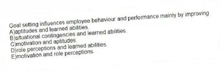 Goal setting influences employee behaviour and performance mainly by improving
A)aptitudes and learned abilities.
B)situational contingencies and learned abilities.
C)motivation and aptitudes.
D)role perceptions and learned abilities.
E)motivation and role perceptions.