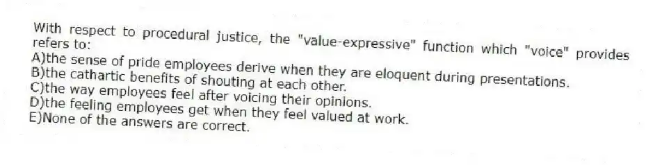 With respect to procedural justice, the "value-expressive" function which "voice" provides refers to:
A)the sense of pride employees derive when they are eloquent during presentations.
B)the cathartic benefits of shouting at each other.
C)the way employees feel after voicing their opinions.
D)the feeling employees get when they feel valued at work.
E)None of the answers are correct.