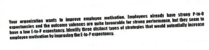 Your organization wants to improve employee motivation. Employees already have strong P-to-O expectancies and the outcome valences are quite favourable for strong performance, but they seem to have a low E-to-P expectancy. Identify three distinct types of strategies that would potentially increase employee motivation by improving the E-to-P expectancy.