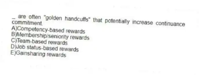 _ are often "golden handcuffs" that potentially increase continuance commitment.
A)Competency-based rewards
B)Membership/seniority rewards
C)Team-based rewards
D)Job status-based rewards
E)Gainsharing rewards
