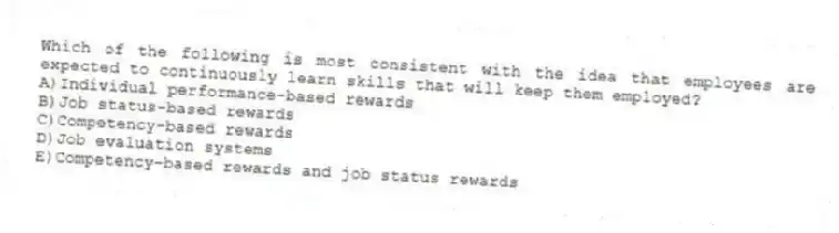 Which of the following is most consistent with the idea that employees are expected to continuously learn skills that will keep them employed?
A)Individual performance-based rewards
B)Job status-based rewards
C)Competency-based rewards
D)Job evaluation systems
E)Competency-based rewards and job status rewards