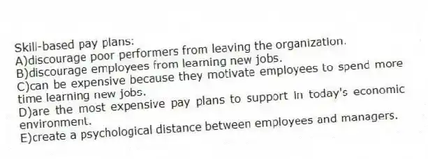 Skill-based pay plans:
A)discourage poor performers from leaving the organization.
B)discourage employees from learning new jobs.
C)can be expensive because they motivate employees to spend more time learning new jobs.
D)are the most expensive pay plans to support in today's economic environment.
E)create a psychological distance between employees and managers.