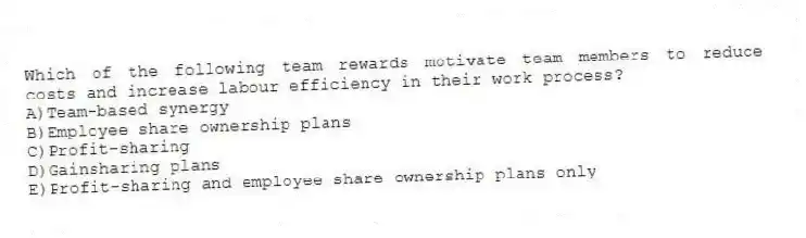 Which of the following team rewards motivate team members to reduce costs and increase labour efficiency in their work process?
A)Team-based synergy
B)Employee share ownership plans
C)Profit-sharing
D)Gainsharing plans
E)Profit-sharing and employee share ownership plans only