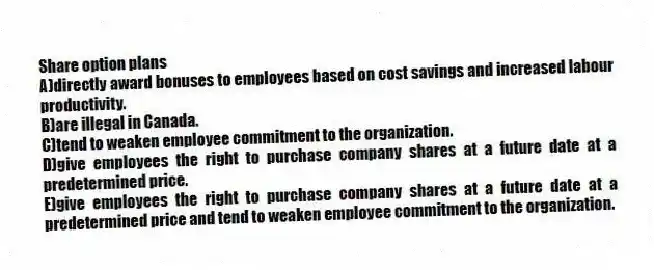 Share option plans
A)directly award bonuses to employees based on cost savings and increased labour productivity.
B)are illegal in Canada.
C)tend to weaken employee commitment to the organization.
D)give employees the right to purchase company shares at a future date at a predetermined price.
E)give employees the right to purchase company shares at a future date at a predetermined price and tend to weaken employee commitment to the organization.