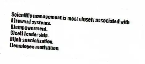 Scientific management is most closely associated with
A)reward systems.
B)empowerment.
C)self-leadership.
D)job specialization.
E)employee motivation.