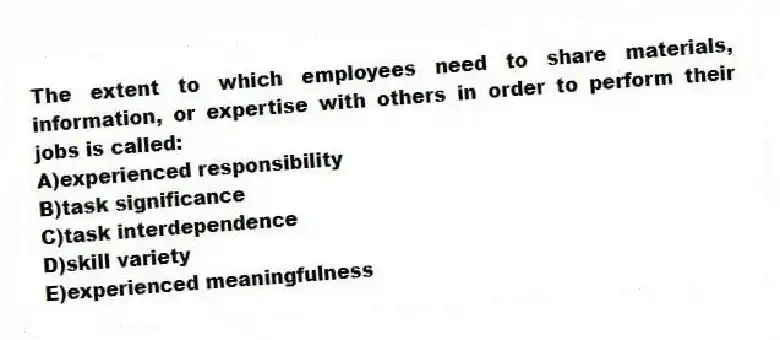 The extent to which employees need to share materials, information, or expertise with others in order to perform their jobs is called:
A)experienced responsibility
B)task significance
C)task interdependence
D)skill variety
E)experienced meaningfulness