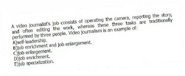 A video journalist's job consists of operating the camera, reporting the story, and often editing the work, whereas these three tasks are traditionally performed by three people. Video journalism is an example of:
A)self-leadership.
B)job enrichment and job enlargement.
C)job enlargement.
D)job enrichment.
E)job specialization.
