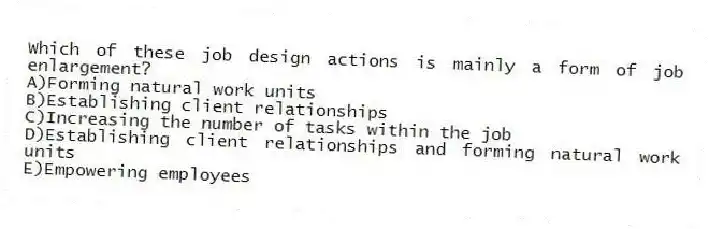Which of these job design actions is mainly a form of job enlargement?
A)Forming natural work units
B)Establishing client relationships
C)Increasing the number of tasks within the job
D)Establishing client relationships and forming natural work units
E)Empowering employees