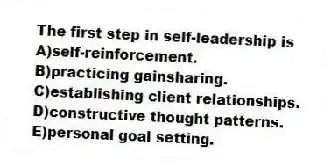 The first step in self-leadership is
A)self-reinforcement.
B)practicing gainsharing.
C)establishing client relationships.
D)constructive thought patterns.
E)personal goal setting.