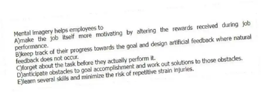 Mental imagery helps employees to
A)make the job itself more motivating by altering the rewards received during job performance.
B)keep track of their progress towards the goal and design artificial feedback where natural feedback does not occur.
C)forget about the task before they actually perform it.
D)anticipate obstacles to goal accomplishment and work out solutions to those obstacles.
E)learn several skills and minimize the risk of repetitive strain injuries.
