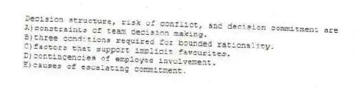 Decision structure, risk of conflict, and decision commitment are
A)constraints of team decision making.
B)three conditions required for bounded rationality.
C)factors that support implicit favourites.
D)contingencies of employee involvement.
E)causes of escalating commitment.
