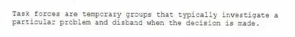Task forces are temporary groups that typically investigate a particular problem and disband when the decision is made.