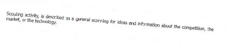 Scouting activity, is described as a general scanning for ideas and information about the competition, the market, or the technology.