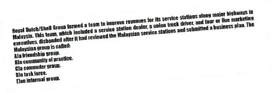 Royal Dutch/Shell Group formed a team to improve revenues for its service stations along major highways in Malaysia. This team, which included a service station dealer, a union truck driver, and four or five marketing executives, disbanded after it had reviewed the Malaysian service stations and submitted a business plan. The Malaysian group is called:
A)a friendship group.
B)a community of practice.
C)a commuter group.
D)a task force.
E)an informal group.