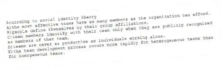 According to social identity theory
A)the most effective teams have as many members as the organization can afford.
B)people define themselves by their group affiliations.
C)team members identify with their team only when they are publicly recognized as members of that team.
D)teams are never as productive as individuals working alone.
E)the team development process occurs more rapidly for heterogeneous teams than for homogeneous teams.