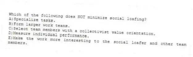 Which of the following does NOT minimize social loafing?
A)Specialize tasks.
B)Form larger work teams.
C)Select team members with a collectivist value orientation.
D)Measure individual performance.
E)Make the work more interesting to the social loafer and other team members.