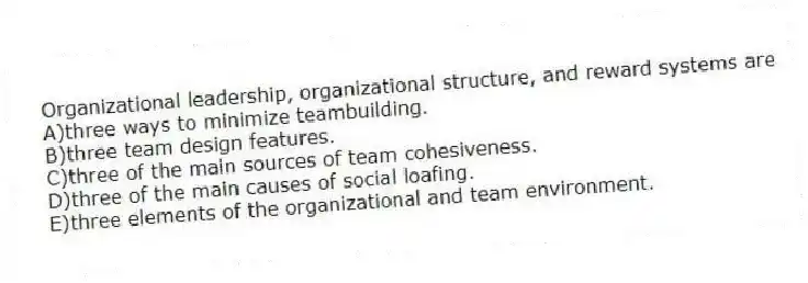 Organizational leadership, organizational structure, and reward systems are
A)three ways to minimize teambuilding.
B)three team design features.
C)three of the main sources of team cohesiveness.
D)three of the main causes of social loafing.
E)three elements of the organizational and team environment.
