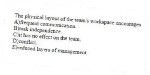 The physical layout of the team's workspace encourages
A)frequent communication.
B)task independence.
C)it has no effect on the team.
D)conflict.
E)reduced layers of management.