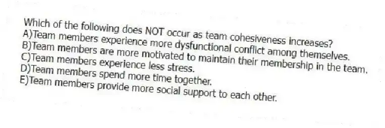 Which of the following does NOT occur as team cohesiveness increases?
A)Team members experience more dysfunctional conflict among themselves.
B)Team members are more motivated to maintain their membership in the team.
C)Team members experience less stress.
D)Team members spend more time together.
E)Team members provide more social support to each other.