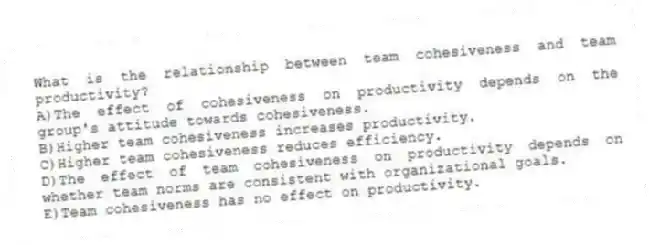 What is the relationship between team cohesiveness and team productivity?
A)The effect of cohesiveness on productivity depends on the group's attitude towards cohesiveness.
B)Higher team cohesiveness increases productivity.
C)Higher team cohesiveness reduces efficiency.
D)The effect of team cohesiveness on productivity depends on whether team norms are consistent with organizational goals.
E)Team cohesiveness has no effect on productivity.
