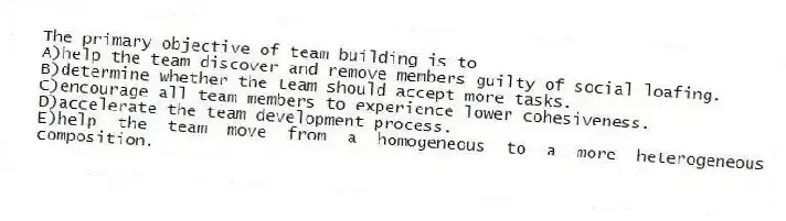The primary objective of team building is to
A)help the team discover and remove members guilty of social loafing.
B)determine whether the team should accept more tasks.
C)encourage all team members to experience lower cohesiveness.
D)accelerate the team development process.
E)help the team move from a homogeneous to a more heterogeneous composition.