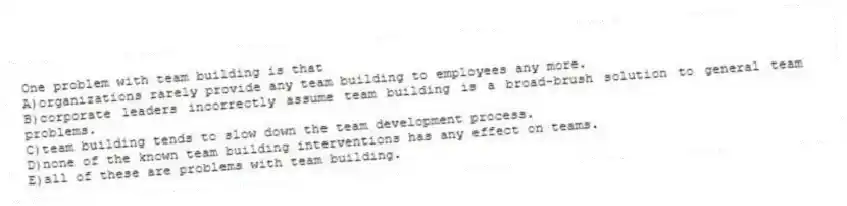 One problem with team building is that
A)organizations rarely provide any team building to employees any more.
B)corporate leaders incorrectly assume team building is a broad-brush solution to general team problems.
C)team building tends to slow down the team development process.
D)none of the known team building interventions has any effect on teams.
E)all of these are problems with team building.