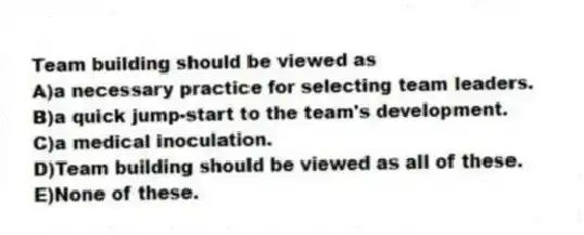 Team building should be viewed as
A)a necessary practice for selecting team leaders.
B)a quick jump-start to the team's development.
C)a medical inoculation.
D)Team building should be viewed as all of these.
E)None of these.