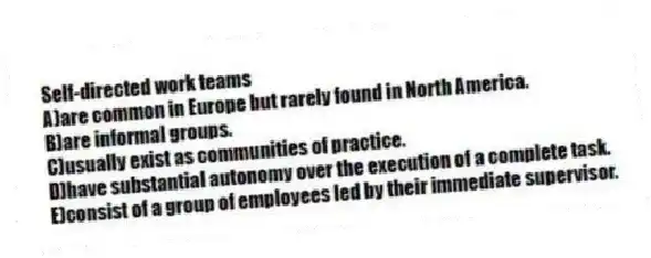 Self-directed work teams
A)are common in Europe but rarely found in North America.
B)are informal groups.
C)usually exist as communities of practice.
D)have substantial autonomy over the execution of a complete task.
E)consist of a group of employees led by their immediate supervisor.