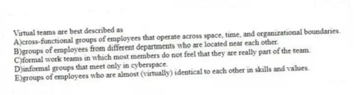Virtual teams are best described as
A)cross-functional groups of employees that operate across space, time, and organizational boundaries.
B)groups of employees from different departments who are located near each other.
C)formal work teams in which most members do not feel that they are really part of the team.
D)informal groups that meet only in cyberspace.
E)groups of employees who are almost (virtually) identical to each other in skills and values.
