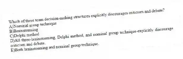 Which of these team decision-making structures explicitly discourages criticism and debate?
A)Nominal group technique
B)Brainstorming
C)Delphi method
D)All three-brainstorming, Delphi method, and nominal group technique-explicitly discourage criticism and debate.
E)Both brainstorming and nominal group technique.