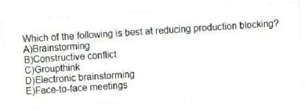 Which of the following is best at reducing production blocking?
A)Brainstorming
B)Constructive conflict
C)Groupthink
D)Electronic brainstorming
E)Face-to-face meetings