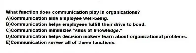 What function does communication play in organizations?
A)Communication aids employee well-being.
B)Communication helps employees fulfill their drive to bond.
C)Communication minimizes "silos of knowledge."
D)Communication helps decision makers learn about organizational problems.
E)Communication serves all of these functions.