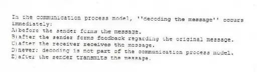In the communication process model, ''decoding the message'' occurs immediately:
A)before the sender forms the message.
B)after the sender forms feedback regarding the original message.
C)after the receiver receives the message.
D)never; decoding is not part of the communication process model.
E)after the sender transmits the message.