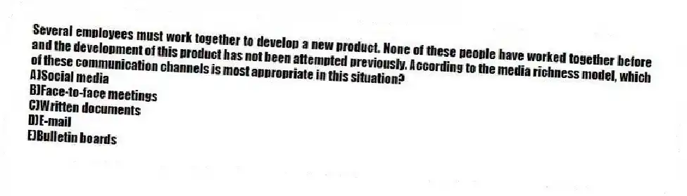 Several employees must work together to develop a new product. None of these people have worked together before and the development of this product has not been attempted previously. According to the media richness model, which of these communication channels is most appropriate in this situation?
A)Social media
B)Face-to-face meetings
C)Written documents
D)E-mail
E)Bulletin boards